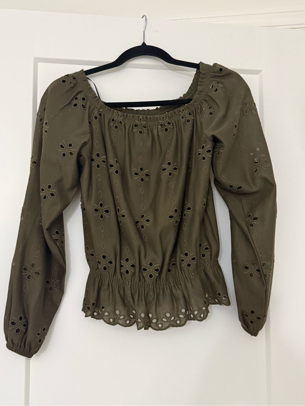 H&M Olive Eyelet Long Sleeve Peasant Blouse